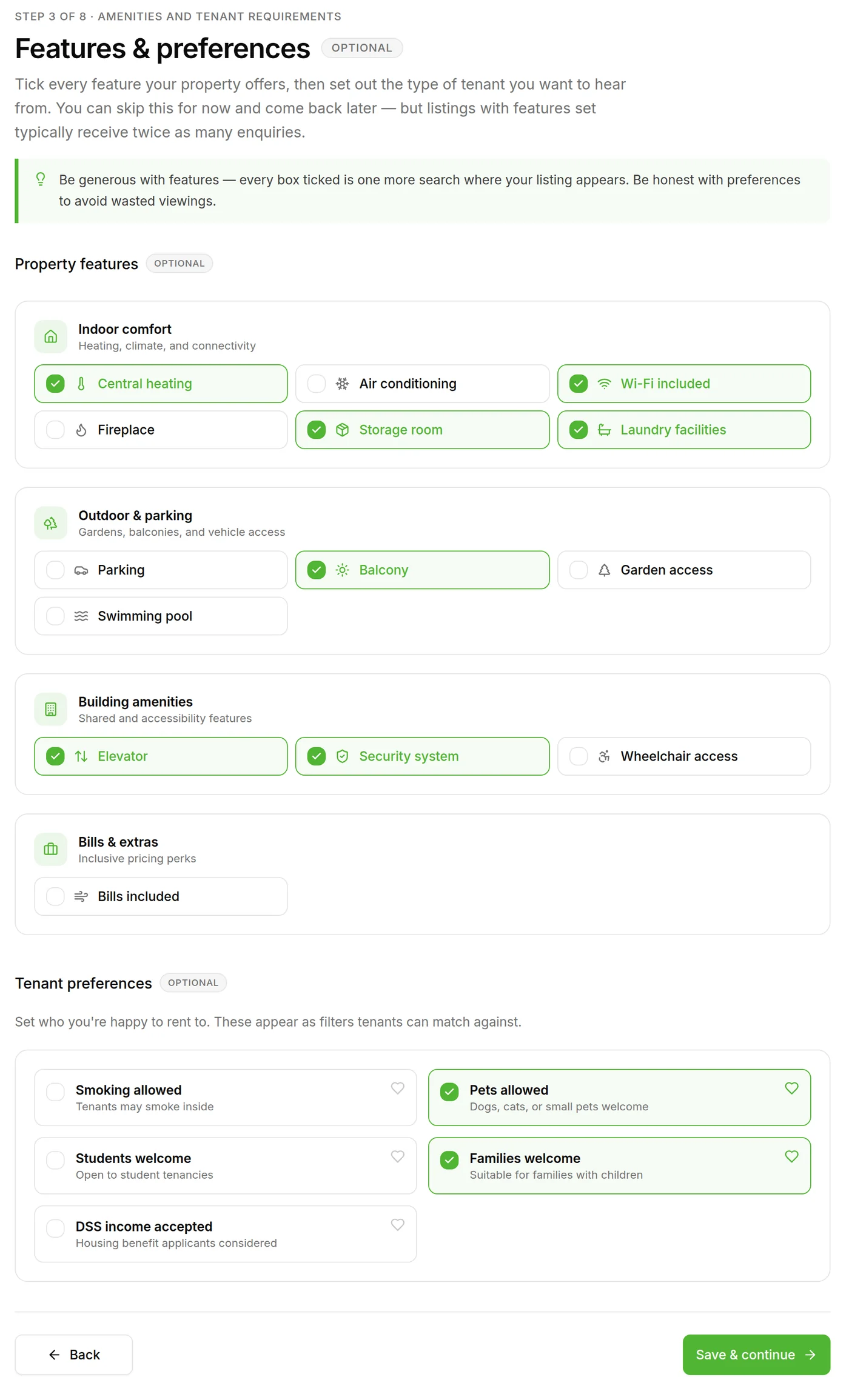 Step 3 of 8 — Features & preferences (optional)
