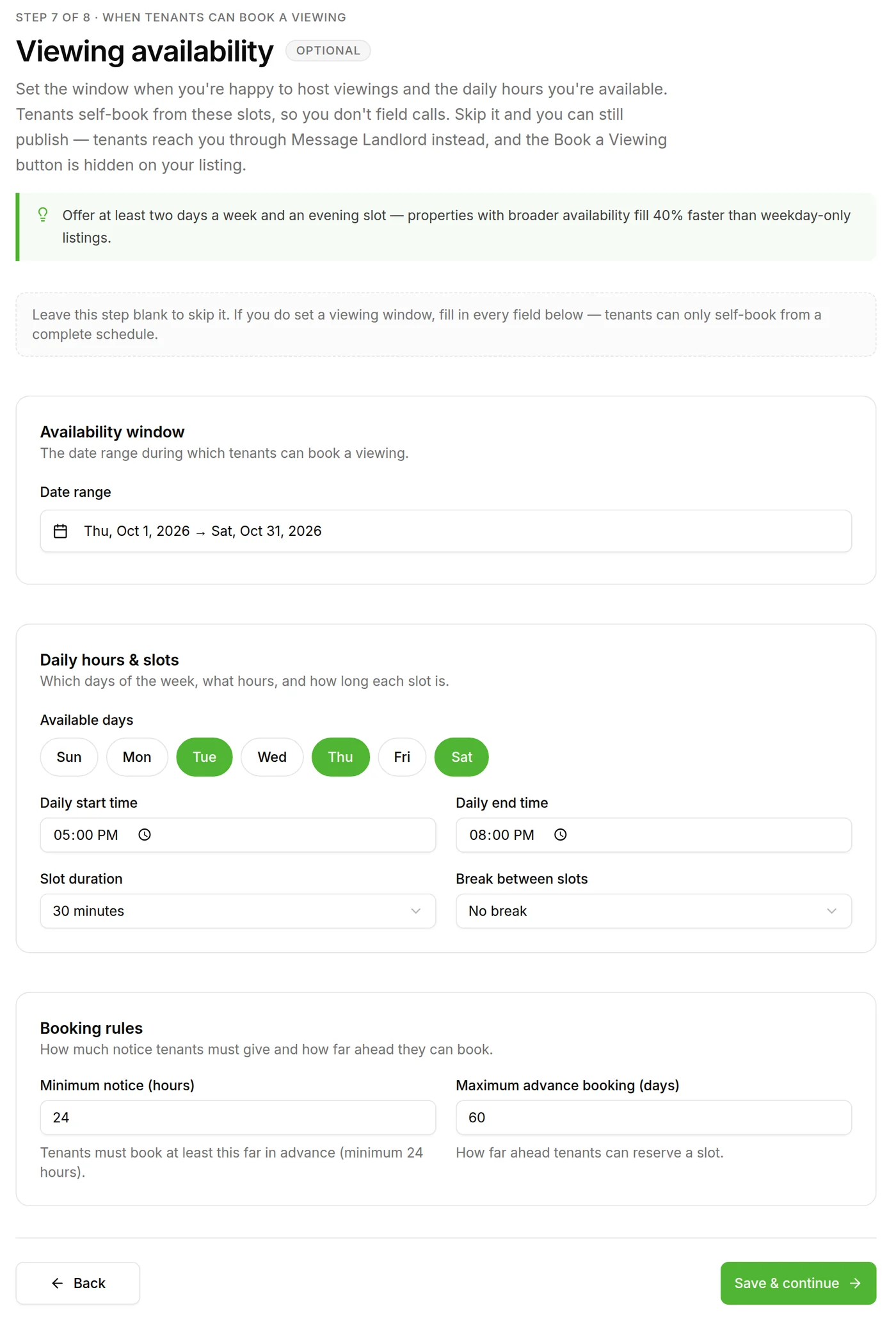 Step 7 of 8 — Viewing availability (optional)